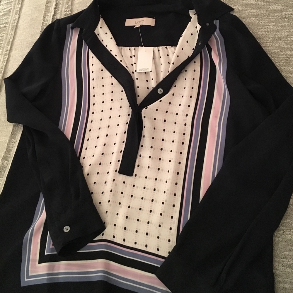 Loft Navy with pattern long sleeve blouse
