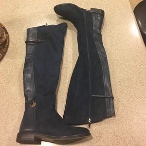 Blue suede/leather over the knee moto boots