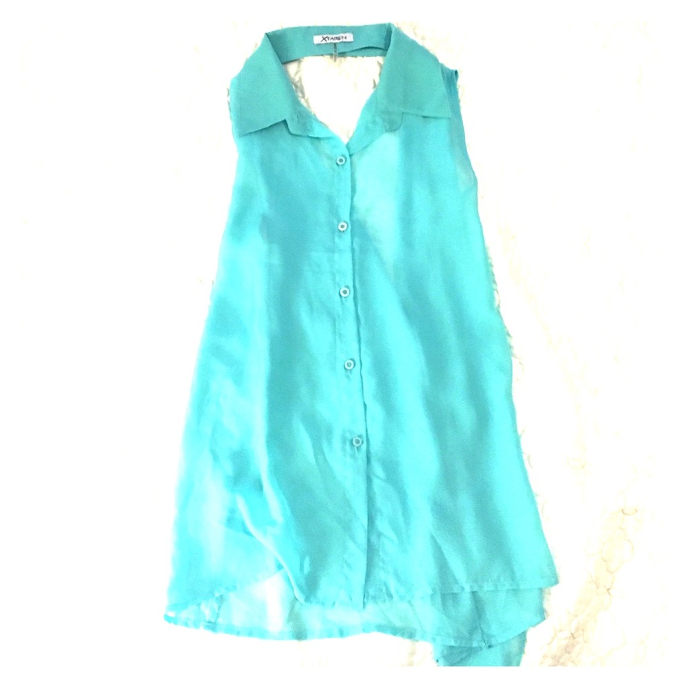 Sea foam sheer top with sexy open back!
