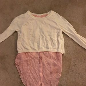 Crop sweater over pink silk shirt all in one