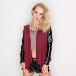 Open Knit Cardigan Faux Leather Sleeves Maroon