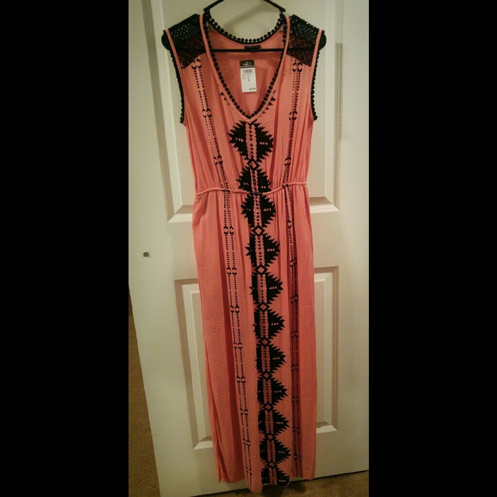 Coral and black maxi dress with aztec print