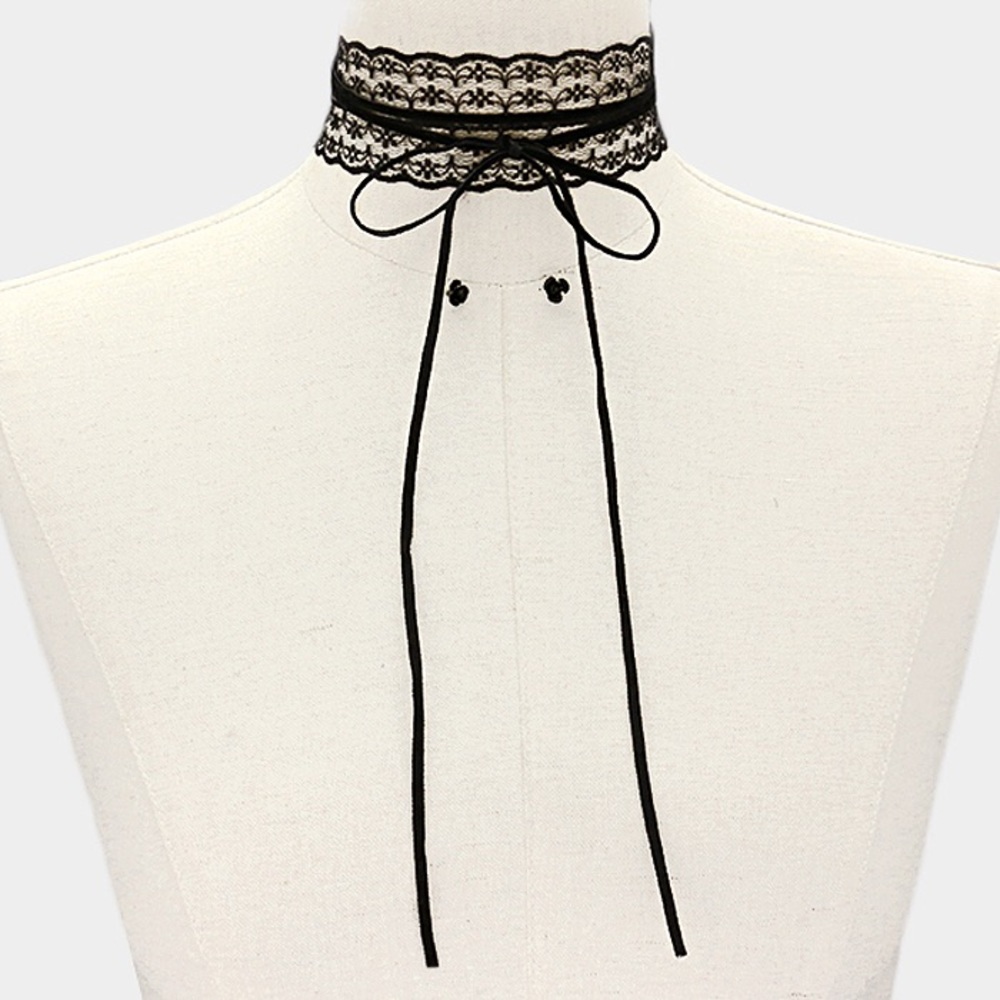 Sheer Lace Tie Wrap Choker Necklace stud Earring