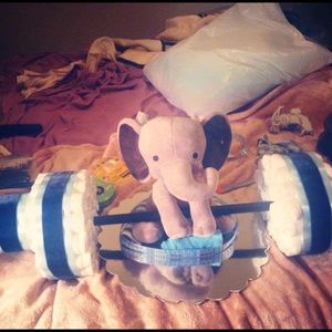 NEW Baby boy elephant barbell diaper arrangement.