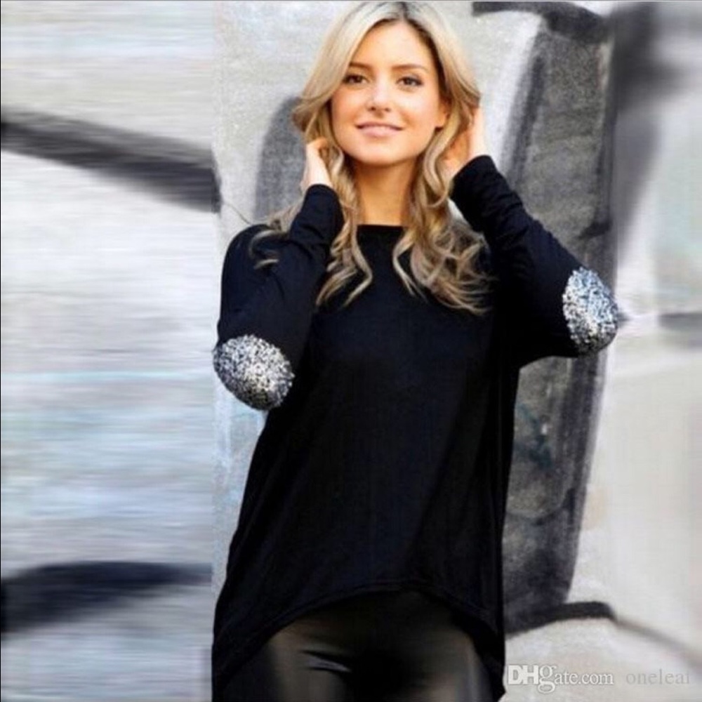 NEW! Black Hi-Low Sparkle Elbow Patch LooseFit Top