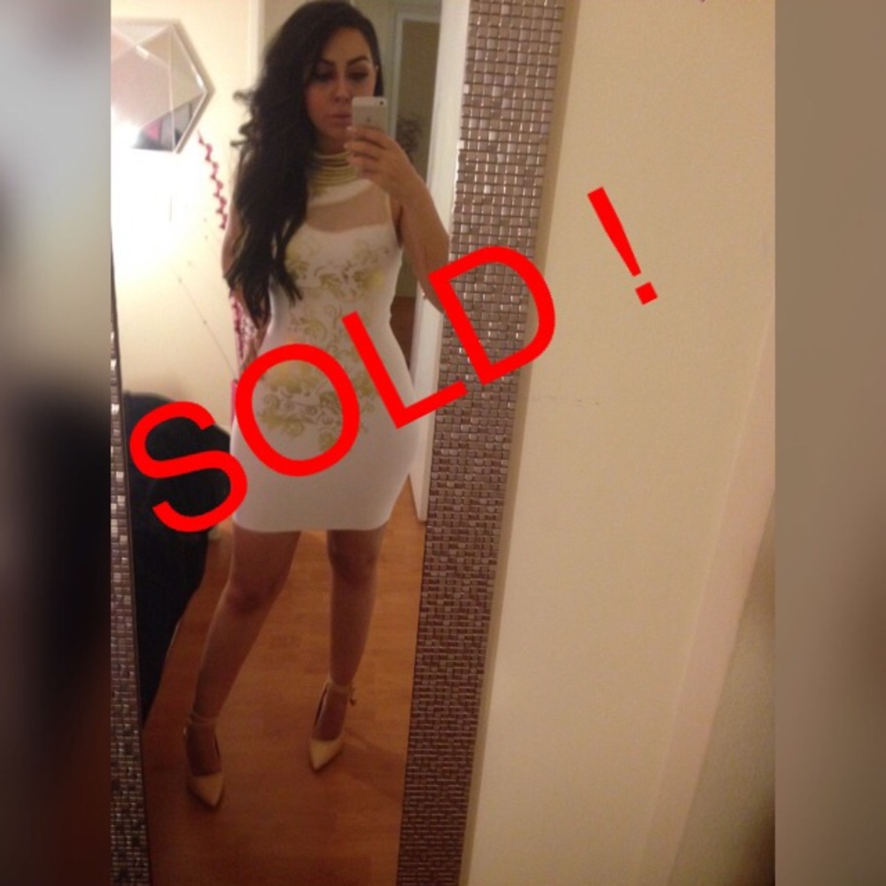 Gold Print White Bandage Dress Beige-Size M