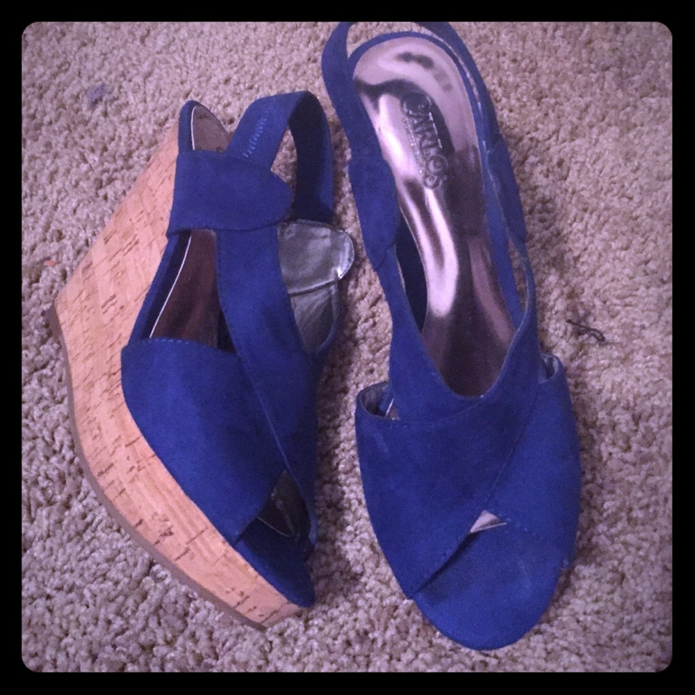 Blue suede cork wedges!