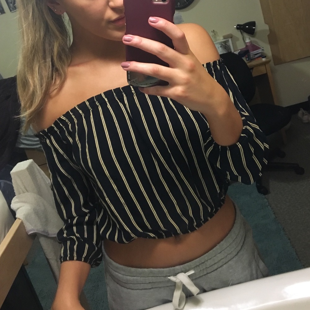 Off the shoulder gold and black striped top