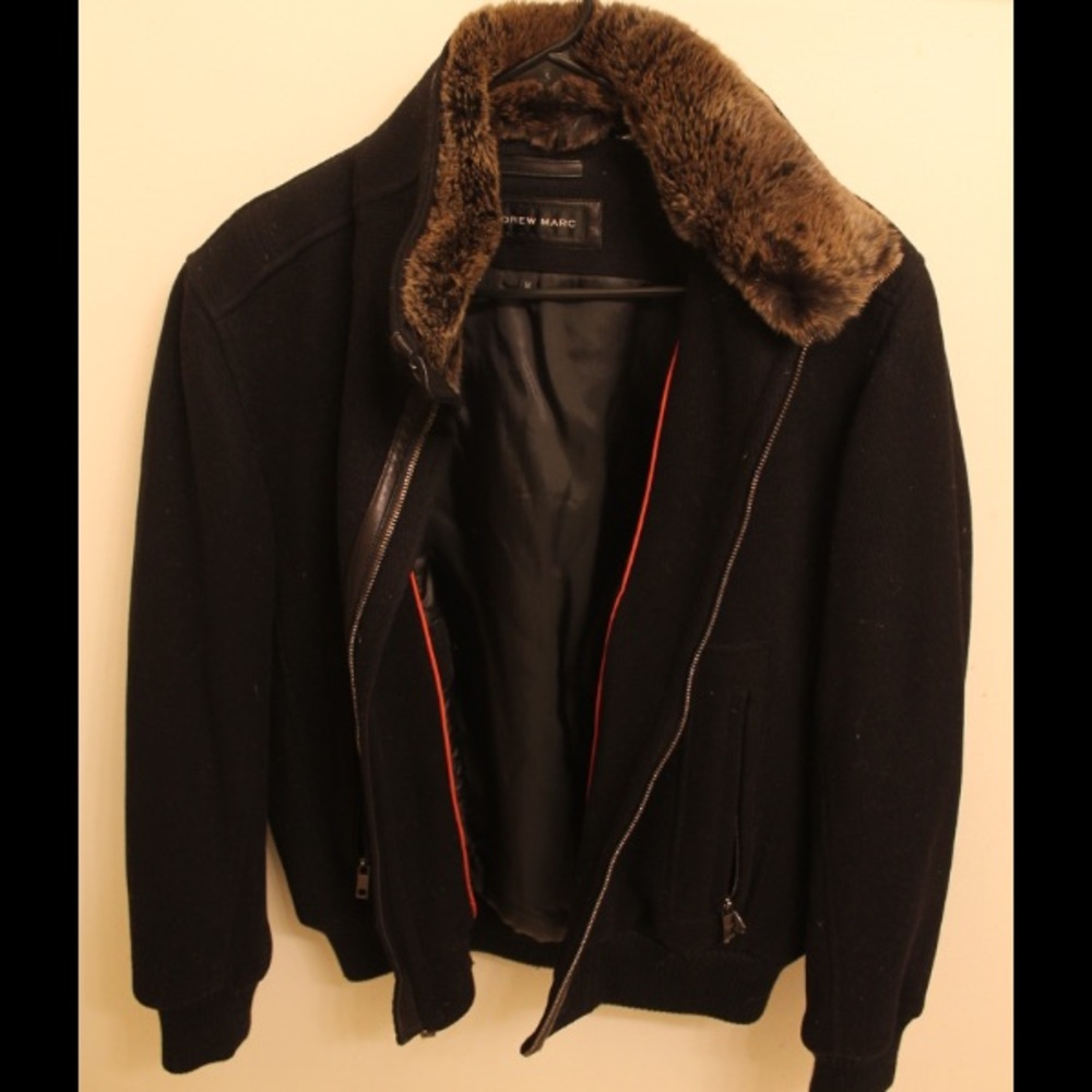 Men's Andrew Marc Black Coat with Faux Fur Collar