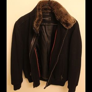 Men's Andrew Marc Black Coat with Faux Fur Collar