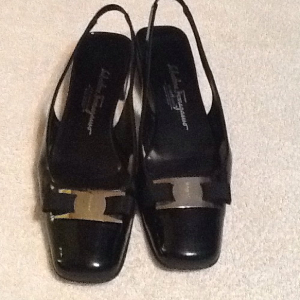 Salvatore Ferragamo black patent sling backs