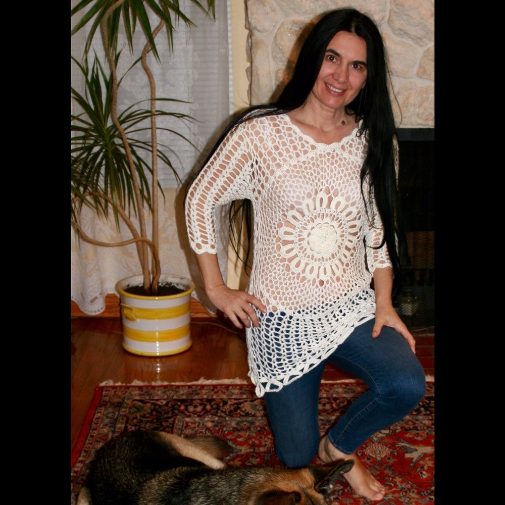 Off white crochet  se-through tunic, blouse