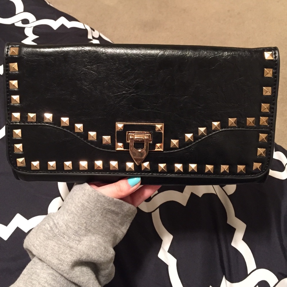 Faux leather black with gold studs evening clutch