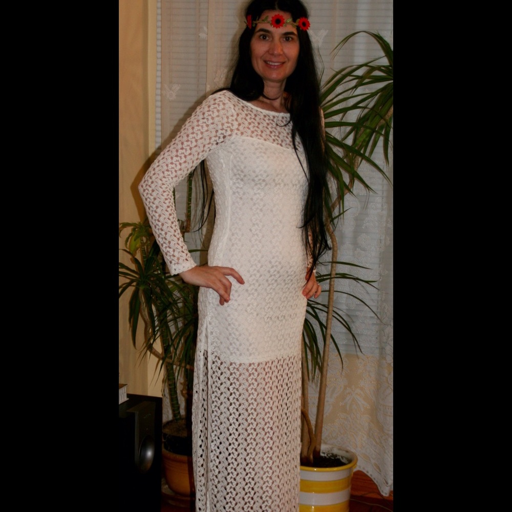 Lace long dress in off white color