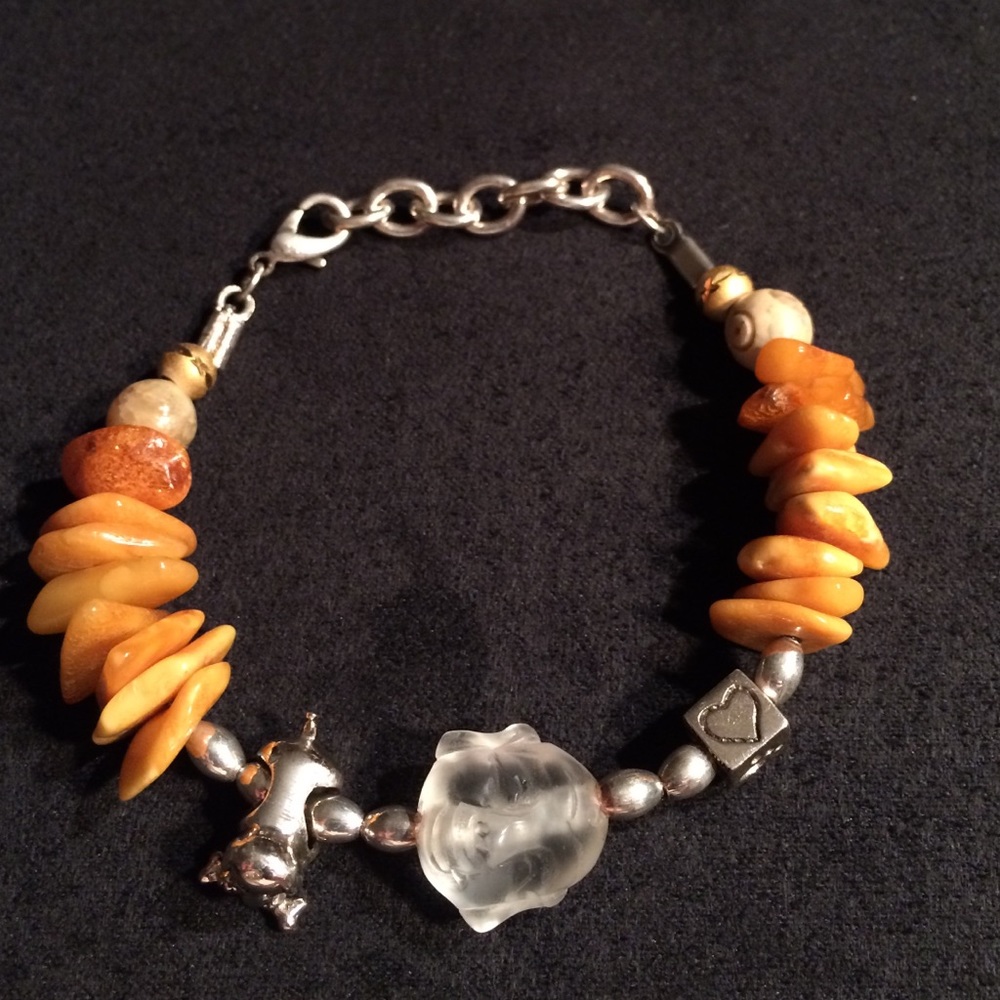 Genuine Gemstone Handmade Vintage Amber925/14K/Carved Quartz Bracelet by Heiny