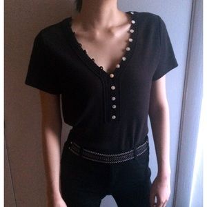 Button down deep V-neck T-shirt in black.