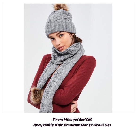 ⬇️Nip/Missguided UK/Grey CableKnit Pom Hat/Scarf