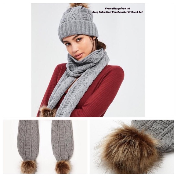 ⬇️Nip/Missguided UK/Grey CableKnit Pom Hat/Scarf main image 2