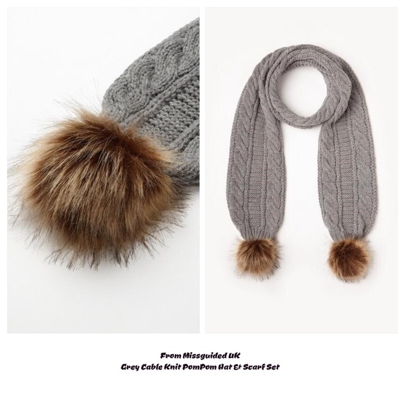 ⬇️Nip/Missguided UK/Grey CableKnit Pom Hat/Scarf