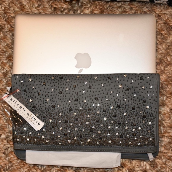 Gray Leather CLUTCH Alice + Olivia Rhinestone - Picture 2 of 8