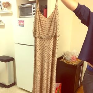 Adrianna Papell Taupe Pink Beaded Mesh Dress