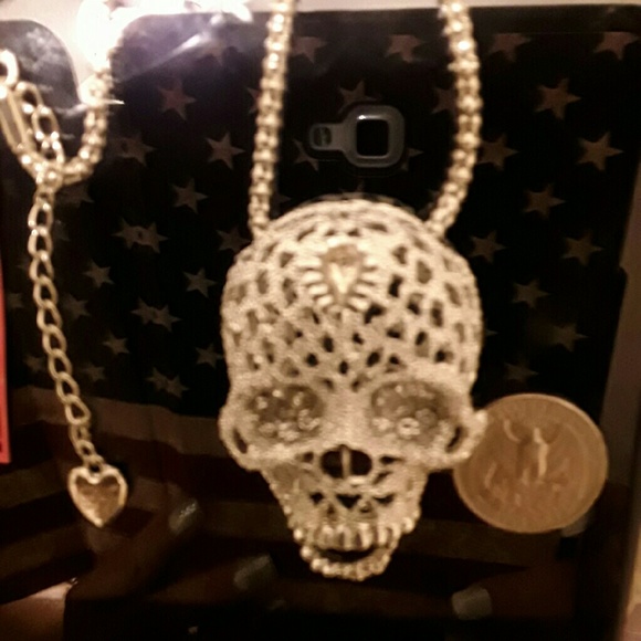 Long silver plated chain with large skull pendant - Picture 2 of 2