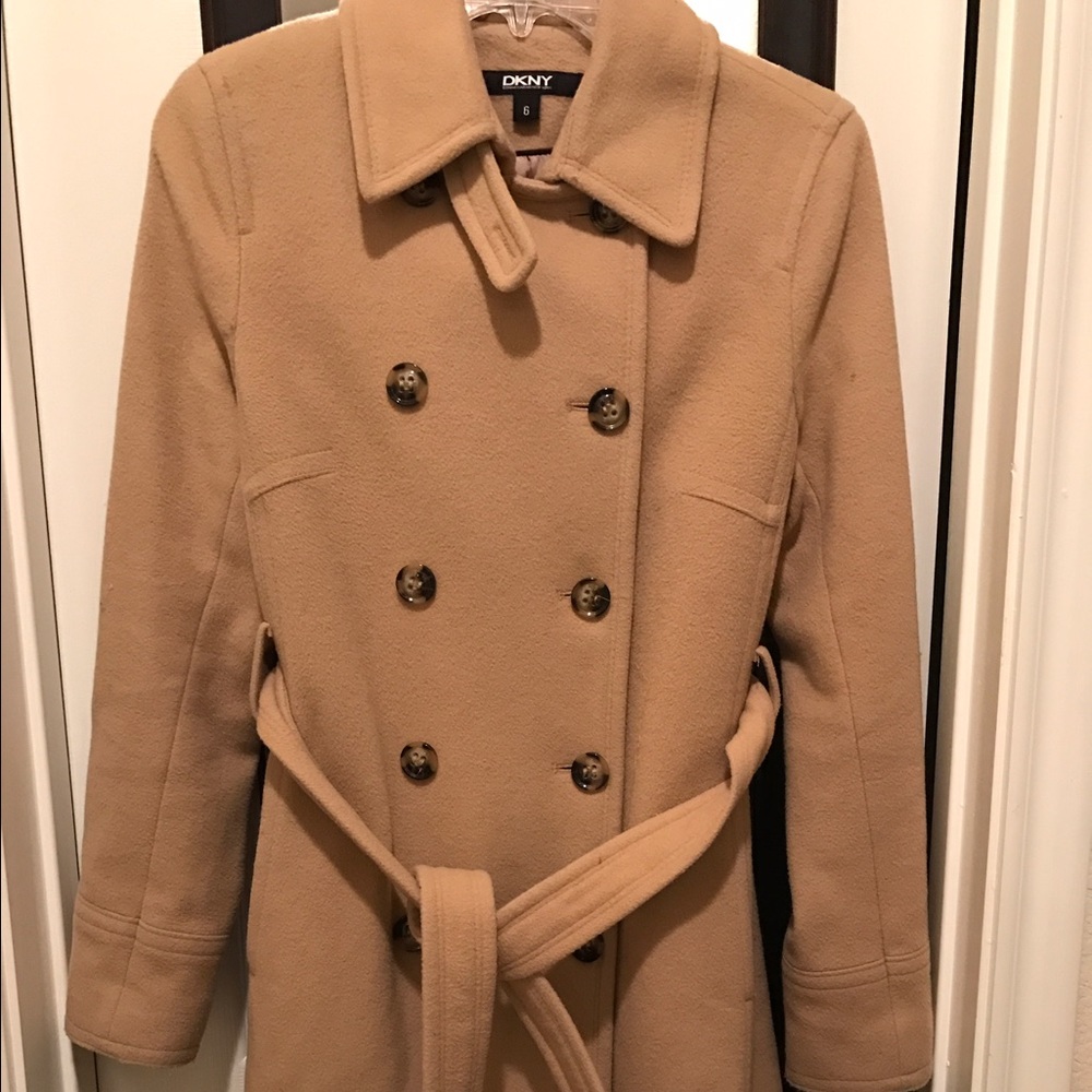 DKNY Cashmere Wool Blend Long Peacoat Camel Size 6