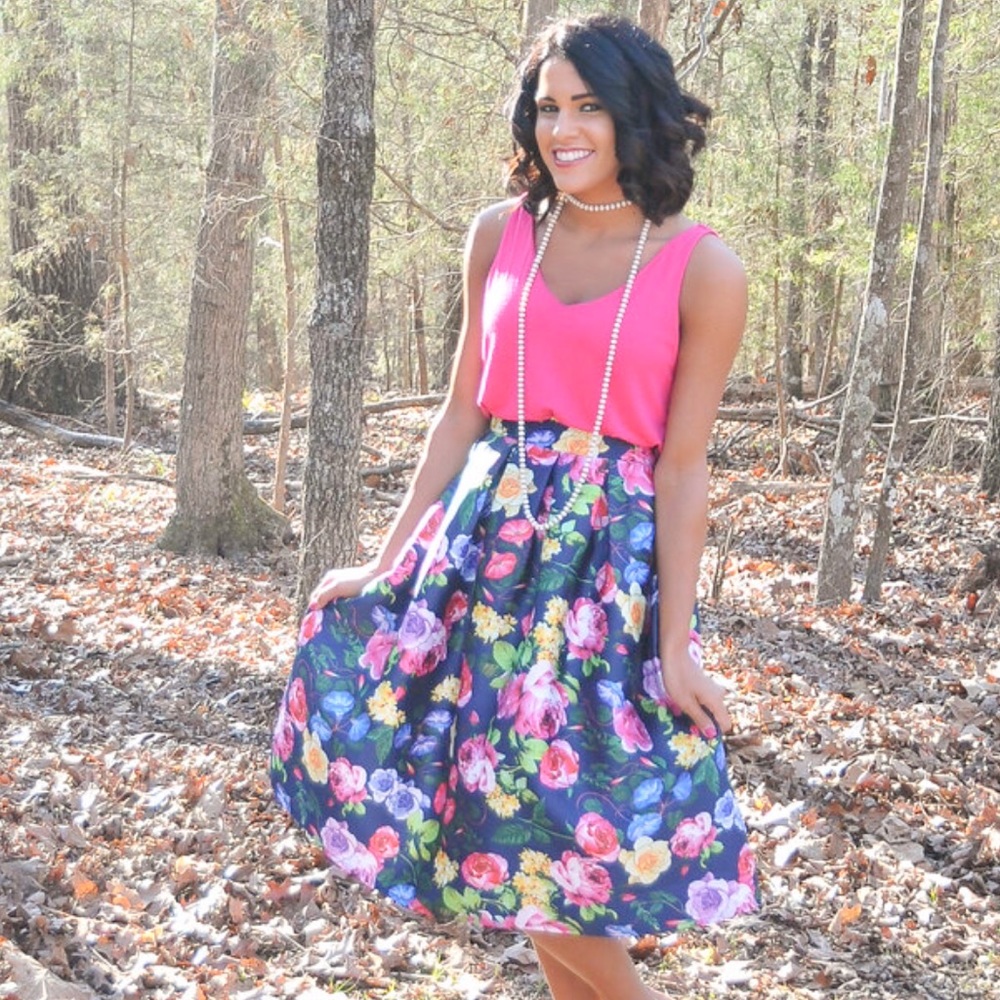 Navy Multicolored Floral A-Line Pleated Mini Skirt