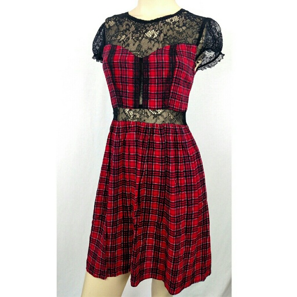 ROYAL BONES Dresses & Skirts - ROYAL BONES, HOT TOPIC RED PLAID LACE DRESS