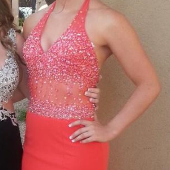 Red prom dress size 2 / 4 beaded mesh halter top - Picture 3 of 4
