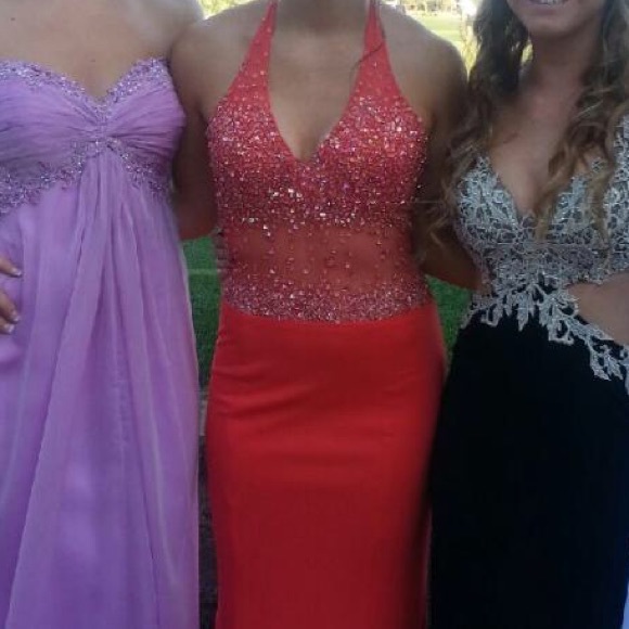 Red prom dress size 2 / 4 beaded mesh halter top - Picture 4 of 4