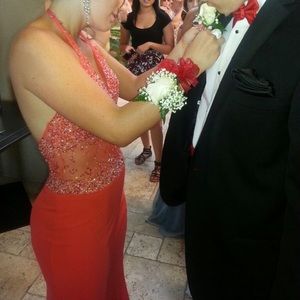 Red prom dress size 2 / 4 beaded mesh halter top