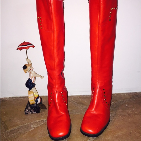 Vintage Shoes - SOLD Mod Red Knee High Leather Boots Zip Up