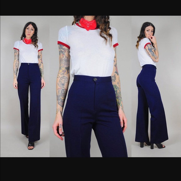 Navy high waist slacks. - Picture 1 of 4