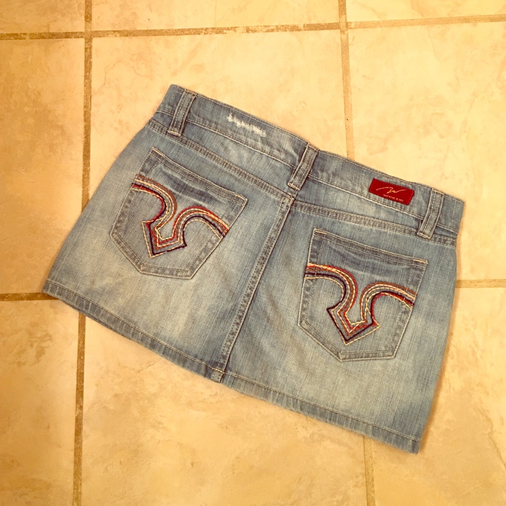 Distressed Multi-Colored Stitch Jean Skirt