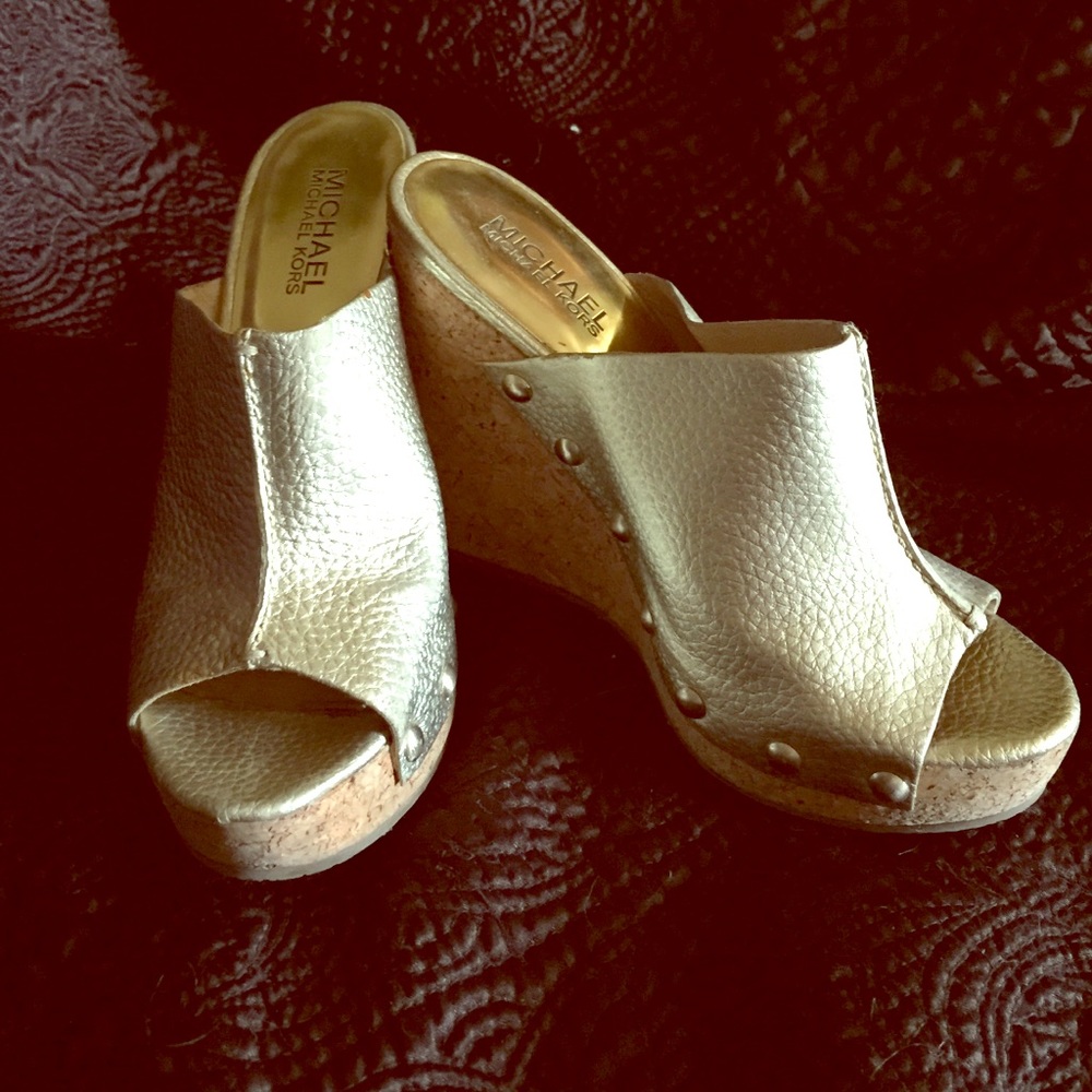Michael Kors gold open toe wedges