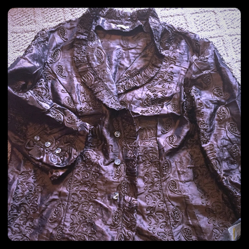 Chocolate silk jacket with rhinestone buttons