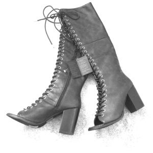 Knee high lace up open toed boots