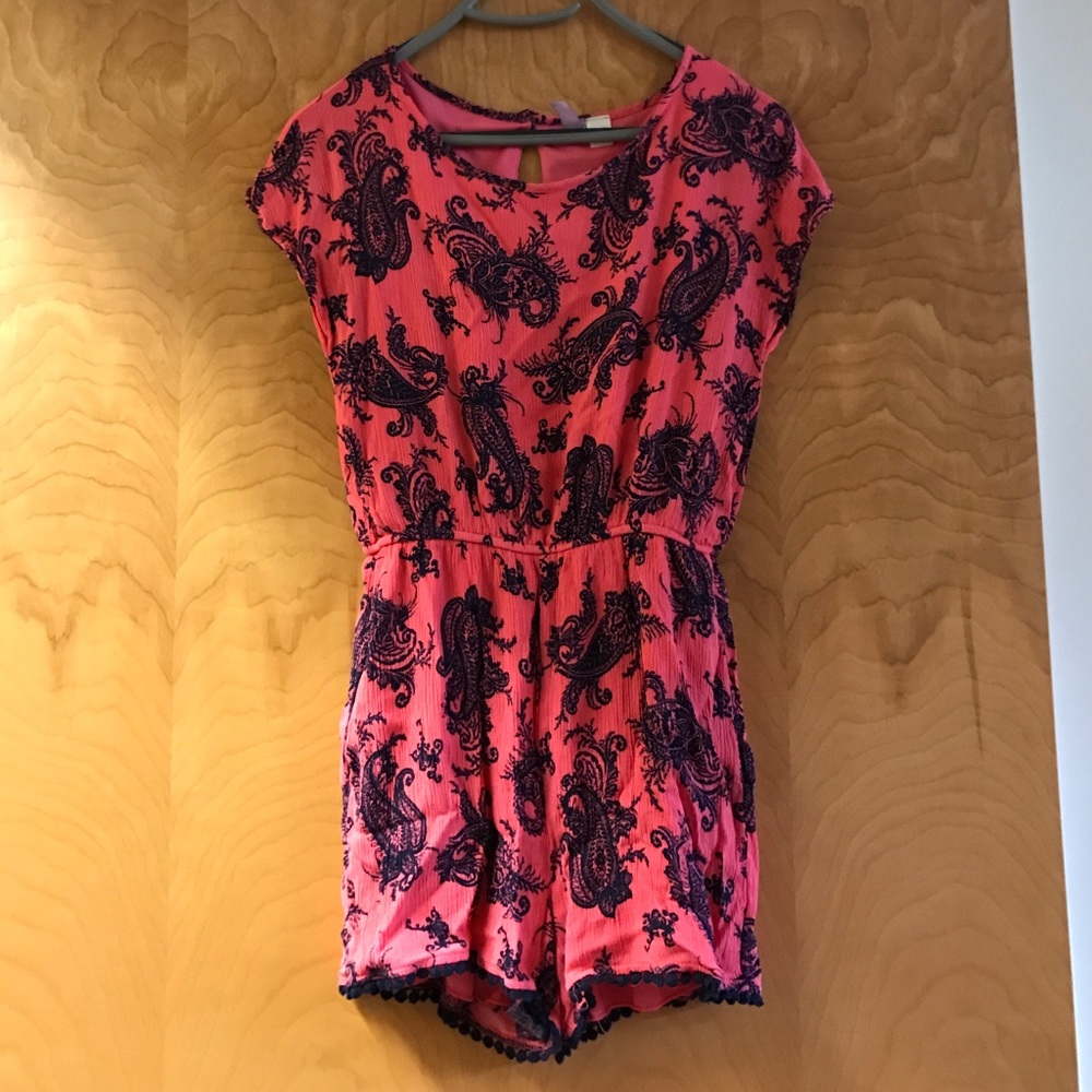 Coral & navy romper