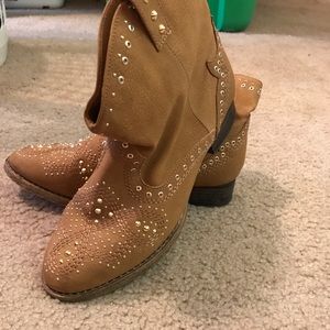 Tan studded cowgirl ankle boots