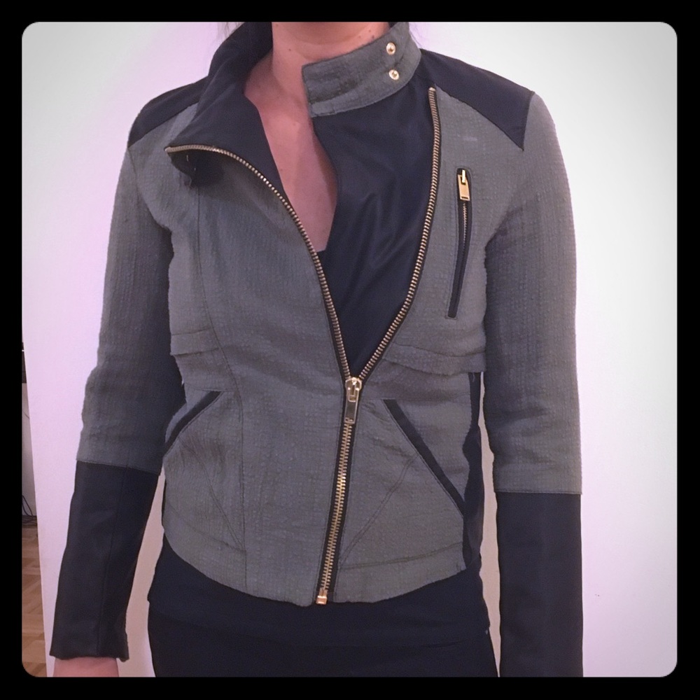 Zara olive + black faux leather motorcycle jacket
