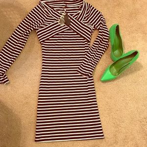 Black and white striped midi dress.
