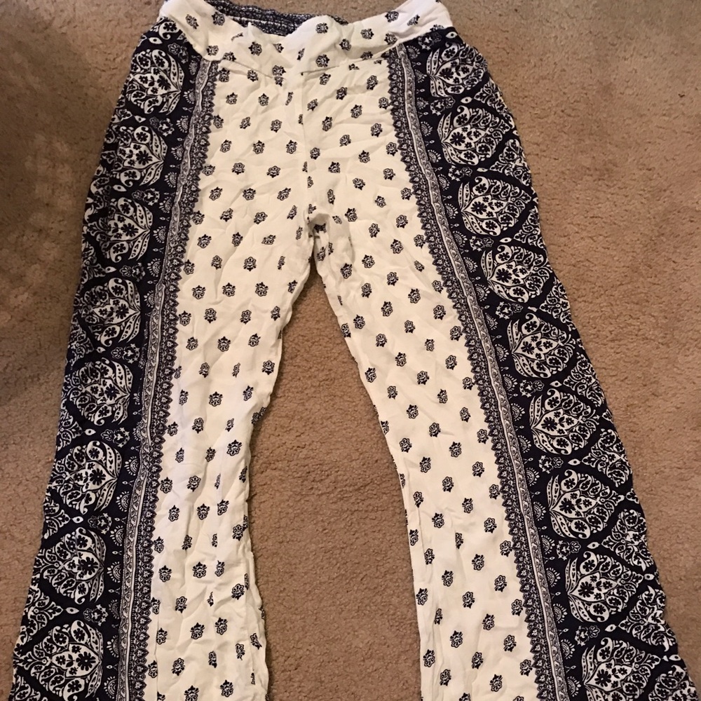 Blue and white palazzo pants with tribal print.