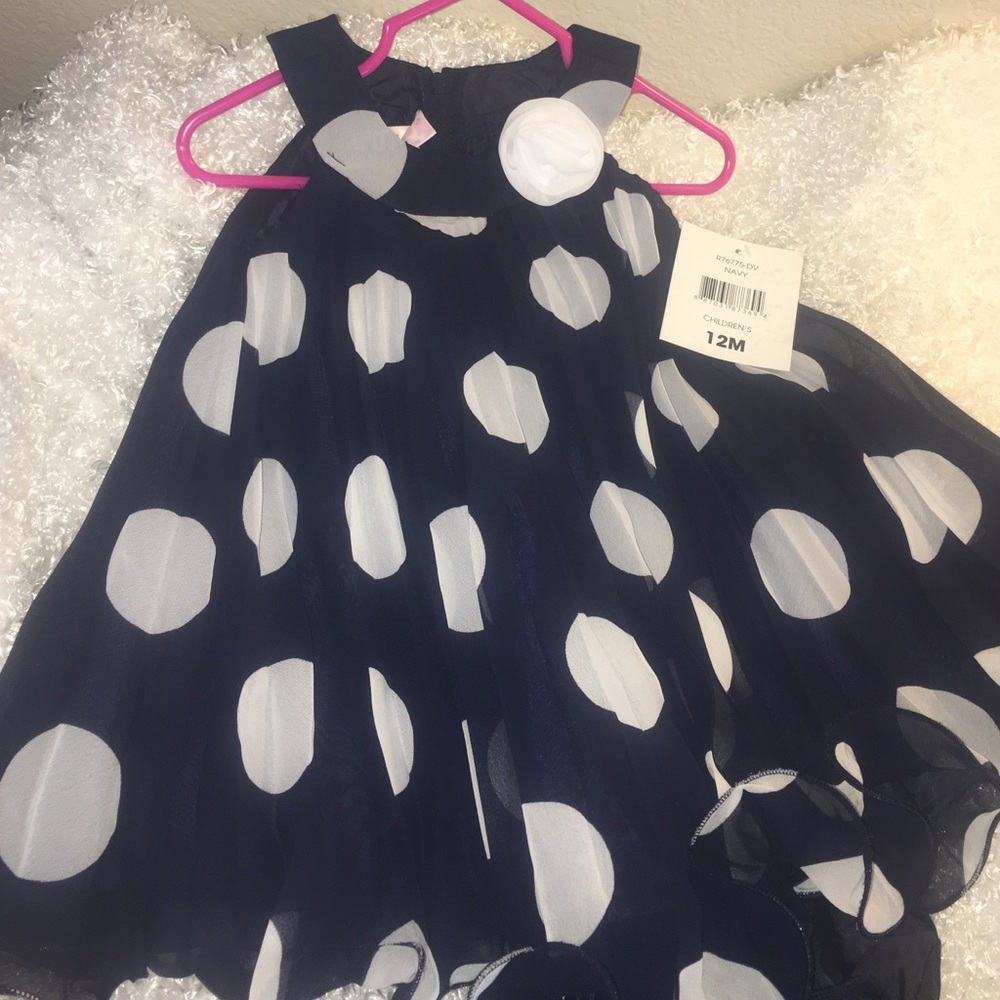 navy, white polka dot dress