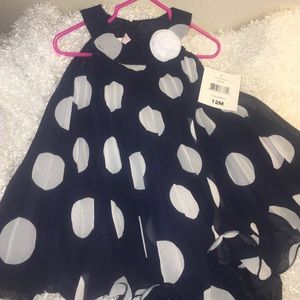 navy, white polka dot dress