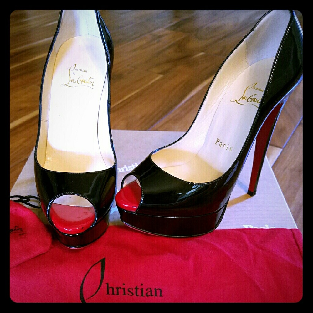 Christian Louboutin black patent platform peep toe
