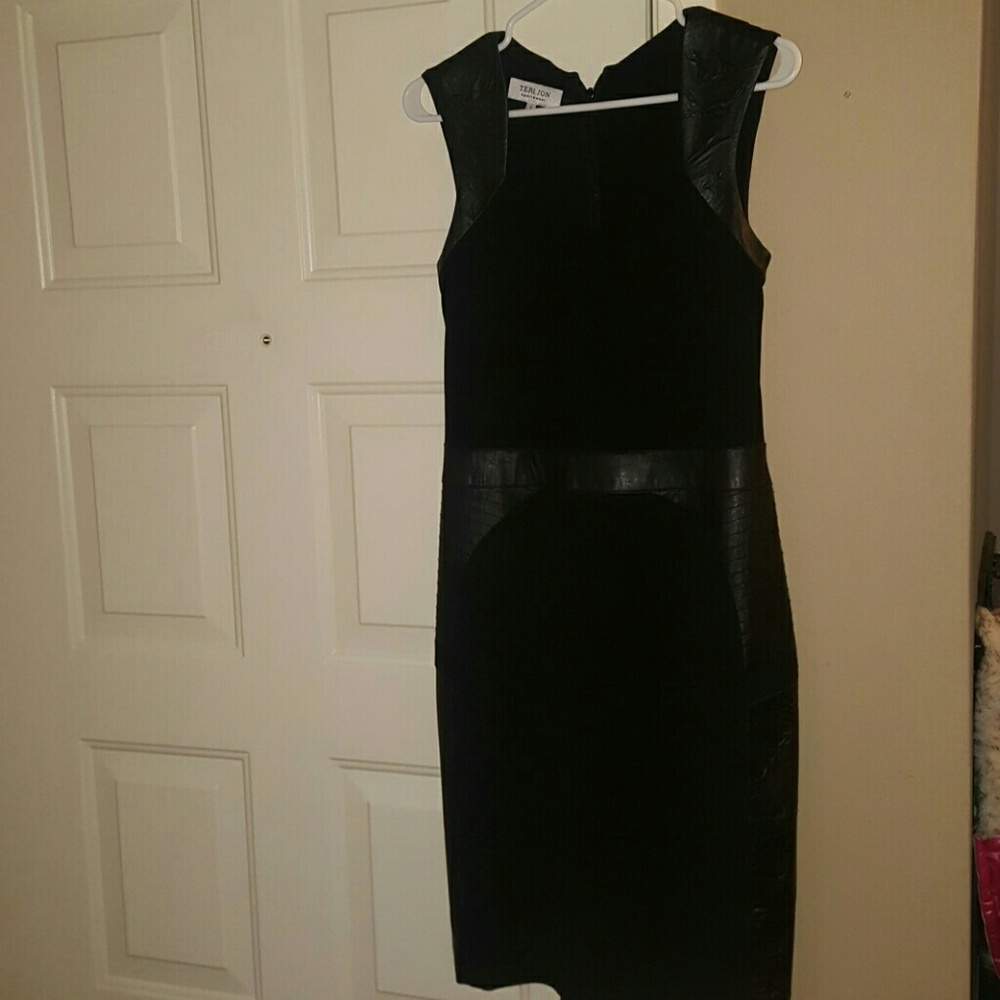 Black leather trimmed Teri Jon dress