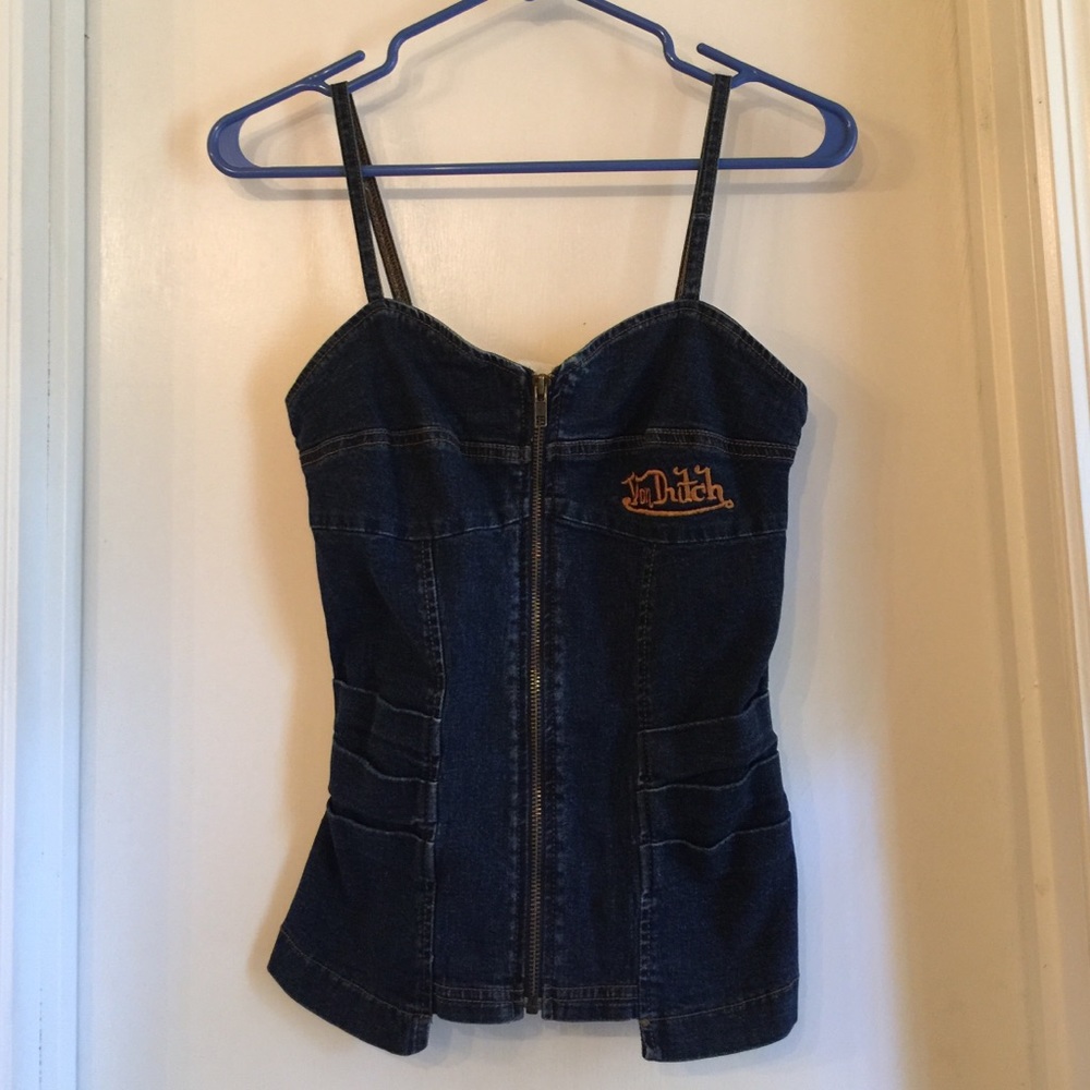 Vintage Von Dutch denim top zip front pleated side