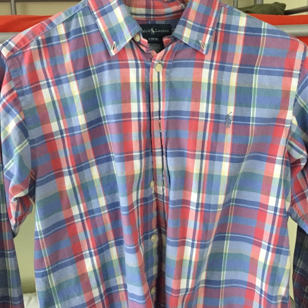 Ralph Lauren blue plaid button down boys shirt