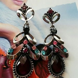 Gorgeous Statement Silver Drop Multi-colored Gemstones Earrings NWOT